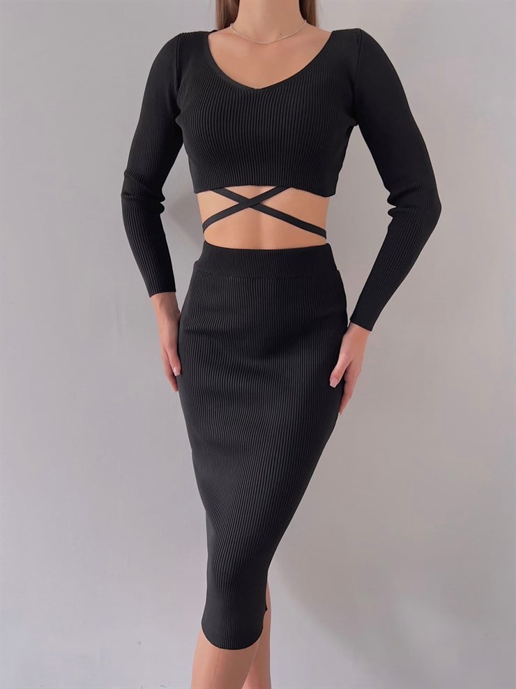 V Yaka Bel Bağlama Detay Fitilli Eteği Midi Wayne Kadın Siyah Takım 23K000266