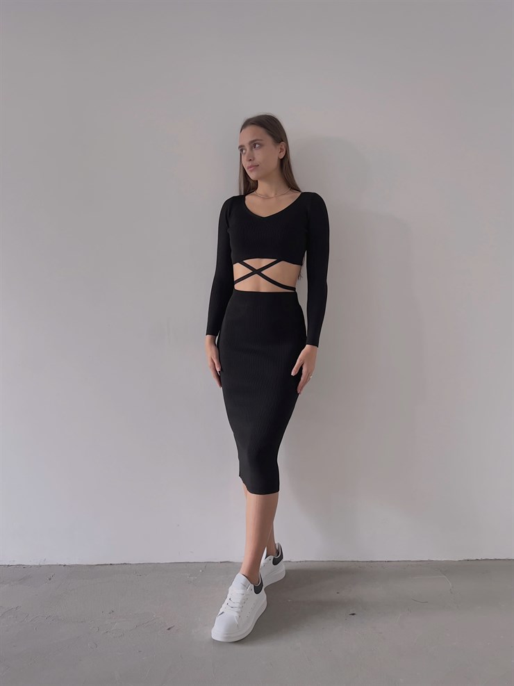 V Yaka Bel Bağlama Detay Fitilli Eteği Midi Wayne Kadın Siyah Takım 23K000266