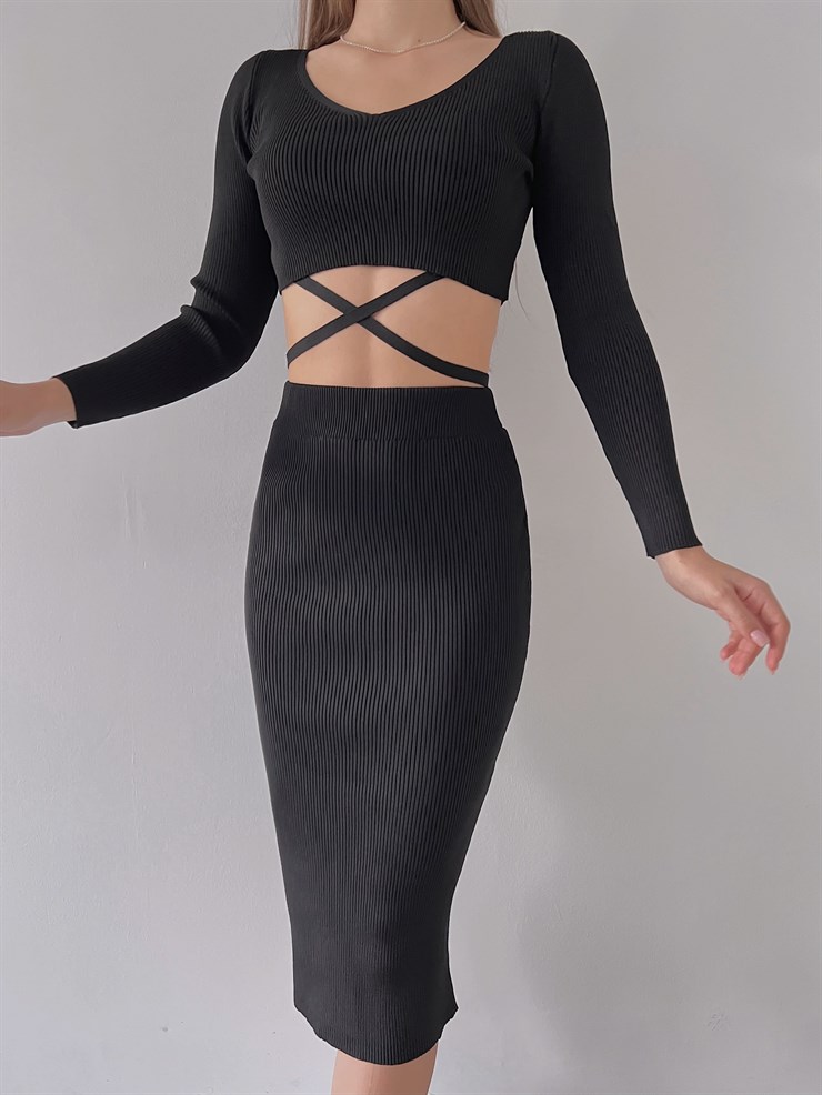 V Yaka Bel Bağlama Detay Fitilli Eteği Midi Wayne Kadın Siyah Takım 23K000266