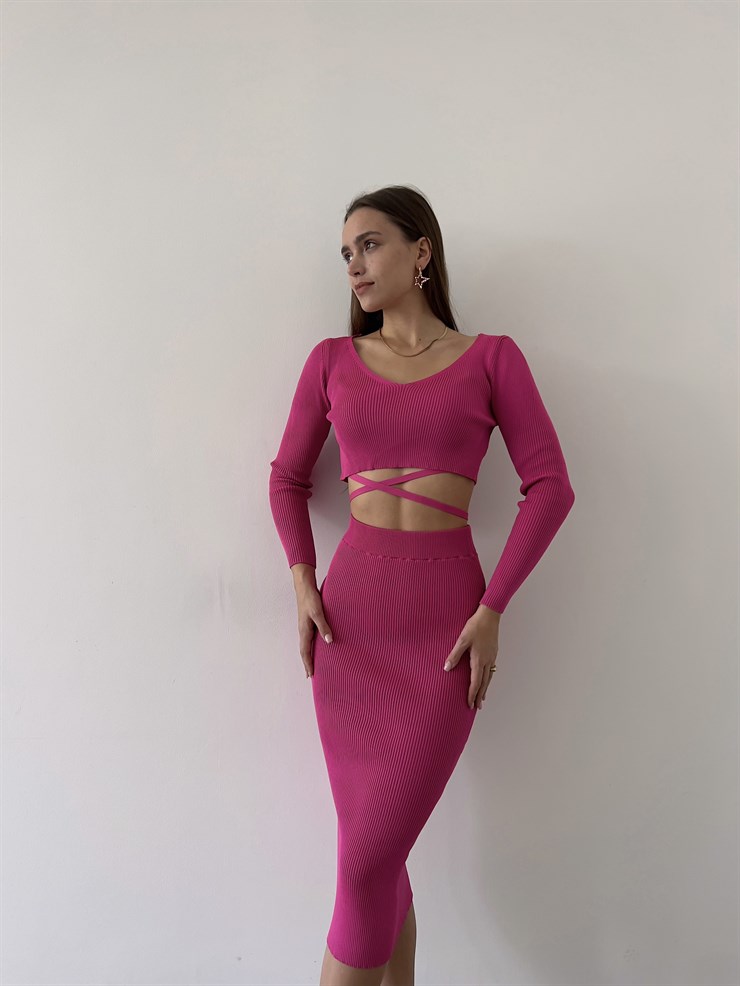 V Yaka Bel Bağlama Detay Fitilli Eteği Midi Wayne Kadın Fuşya Takım 23K000266