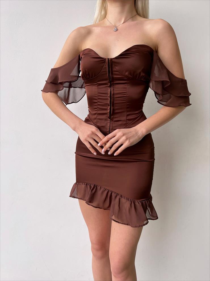 Düşük Tül Kol Korse Wen Kadın Kahve Mini Elbise 23Y000220