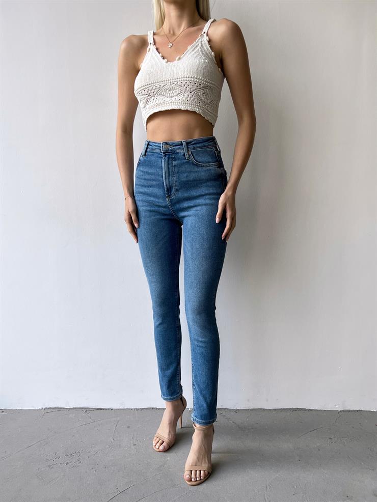 Yüksek Bel Wen Kadın Mavi Dar Jean 23Y000210