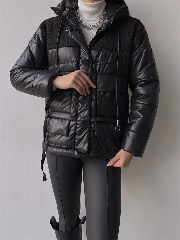 Kapüşonlu Fermuar Kapamalı Wendel Kadın Siyah Mont 23K000267