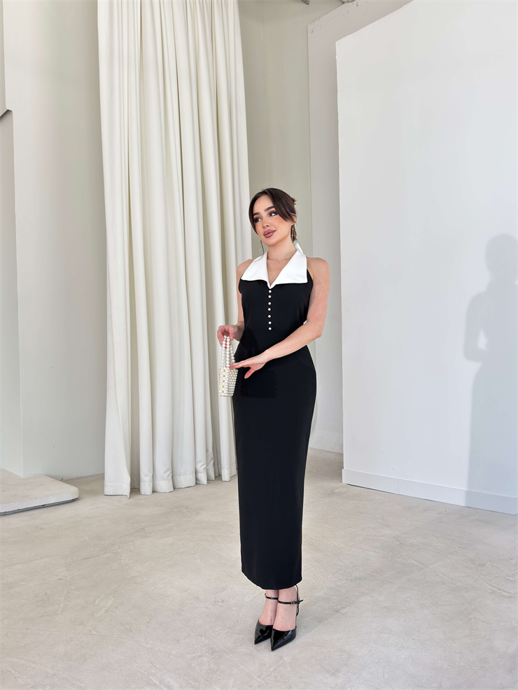 V Yaka Boynu Aksesuarlı Düğme Detaylı William Siyah Kadın Elbise 26Y145