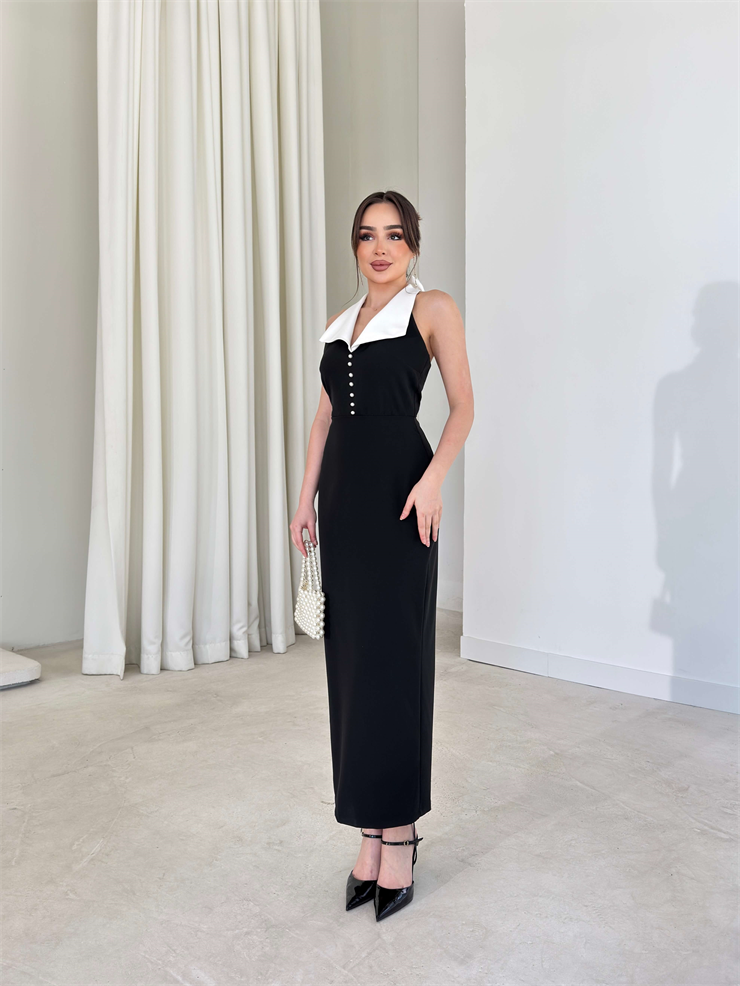 V Yaka Boynu Aksesuarlı Düğme Detaylı William Siyah Kadın Elbise 26Y145