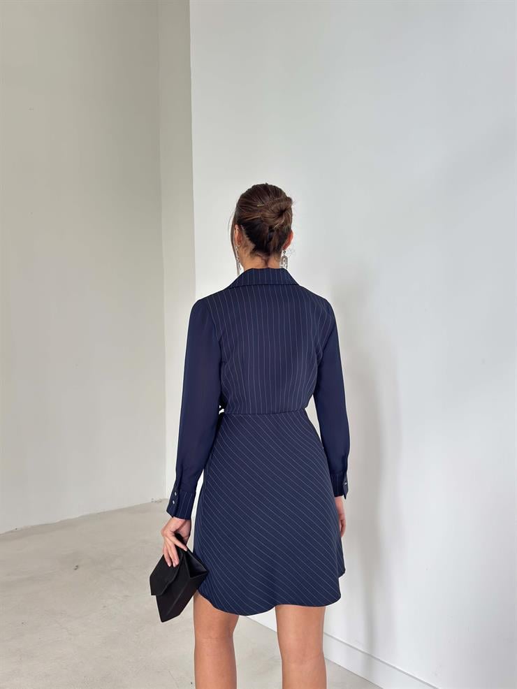 Çizgili Yandan Bağlamalı Kruvaze Kesim Willy Lacivert Kadın Elbise 26K286