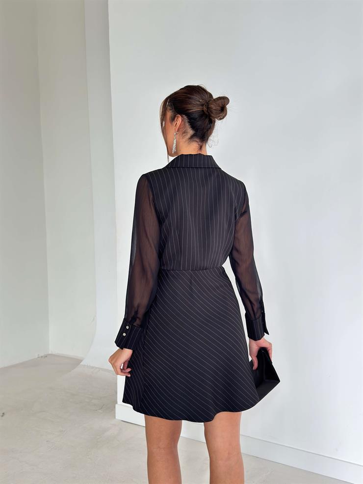 Çizgili Yandan Bağlamalı Kruvaze Kesim Willy Siyah Kadın Elbise 26K286