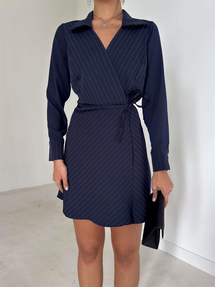 Çizgili Yandan Bağlamalı Kruvaze Kesim Willy Lacivert Kadın Elbise 26K286