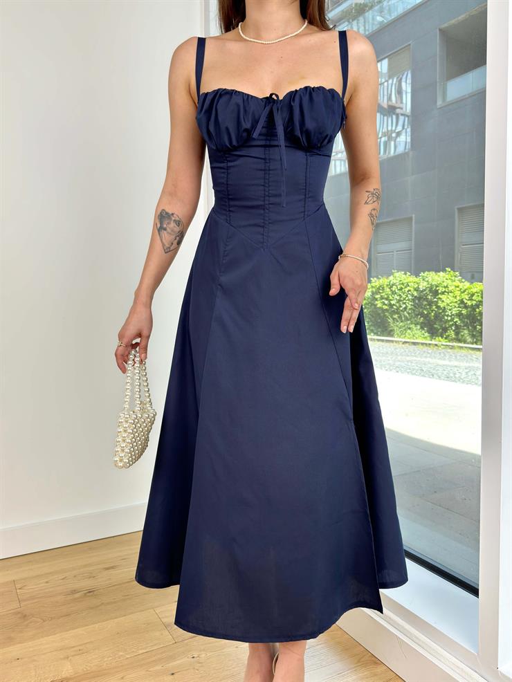 Askılı Göğüs Kısmı Drapeli Ve Bağlama Detaylı Arkası Çapraz Wilma Kadın Lacivert Elbise 24Y510