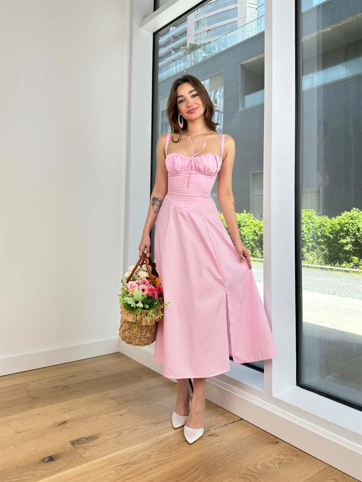 Askılı Göğüs Kısmı Drapeli Ve Bağlama Detaylı Arkası Çapraz Wilma Kadın Pembe Elbise 24Y510