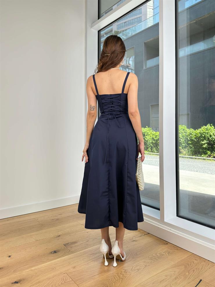 Askılı Göğüs Kısmı Drapeli Ve Bağlama Detaylı Arkası Çapraz Wilma Kadın Lacivert Elbise 24Y510