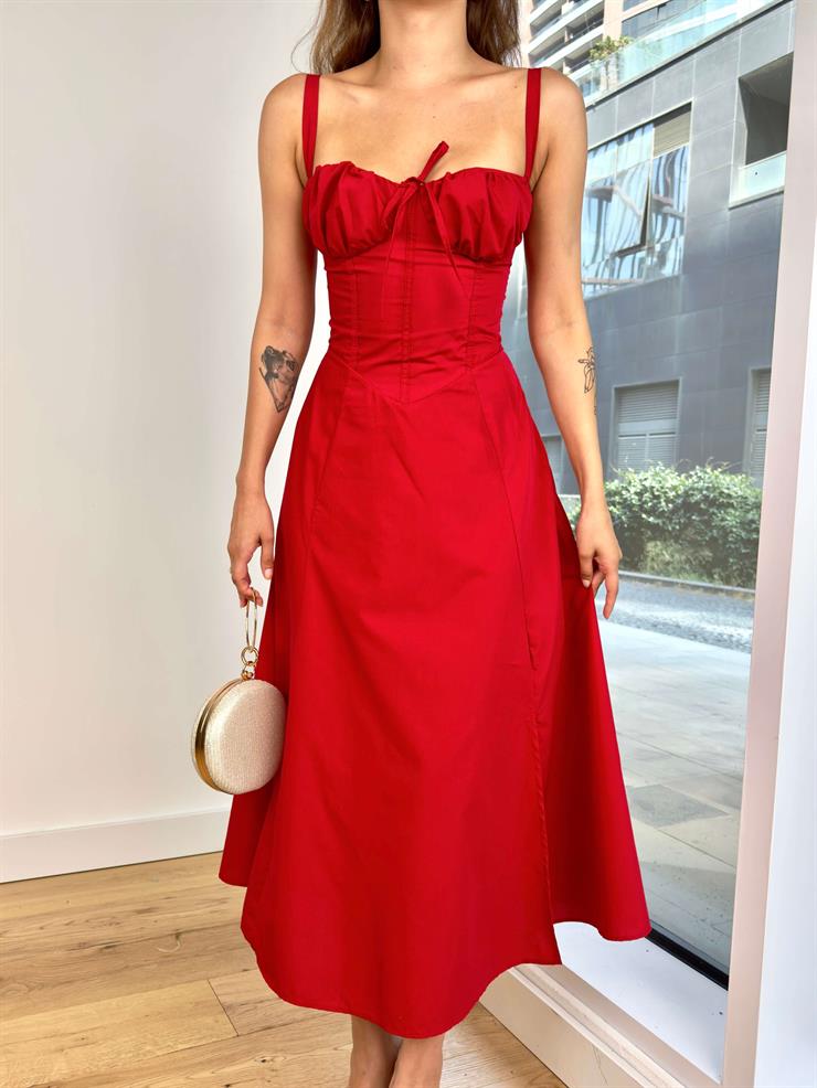 Askılı Göğüs Kısmı Drapeli Ve Bağlama Detaylı Arkası Çapraz Wilma Kadın Kırmızı Elbise 24Y510