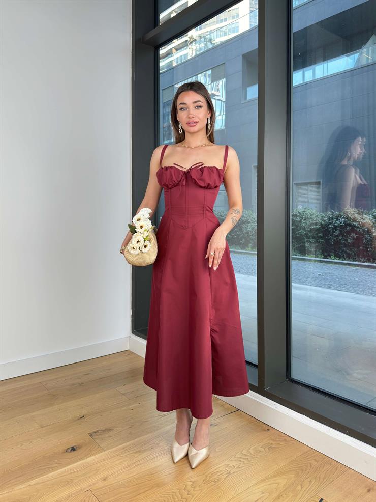 Askılı Göğüs Kısmı Drapeli Ve Bağlama Detaylı Arkası Çapraz Wilma Kadın Bordo Elbise 24Y510