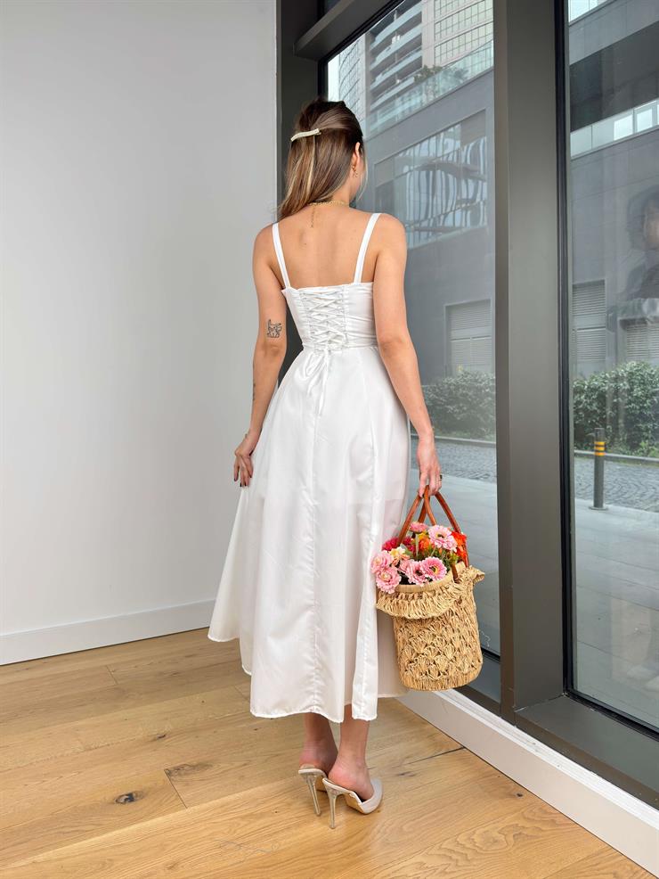 Askılı Göğüs Kısmı Drapeli Ve Bağlama Detaylı Arkası Çapraz Wilma Kadın Ekru Elbise 24Y510