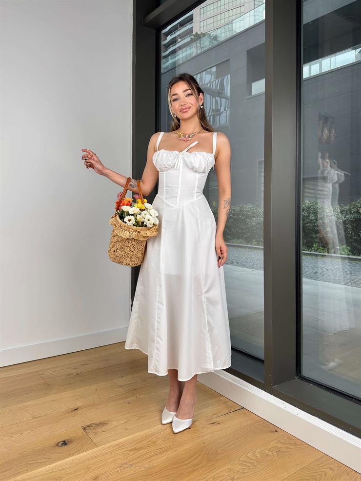 Askılı Göğüs Kısmı Drapeli Ve Bağlama Detaylı Arkası Çapraz Wilma Kadın Ekru Elbise 24Y510