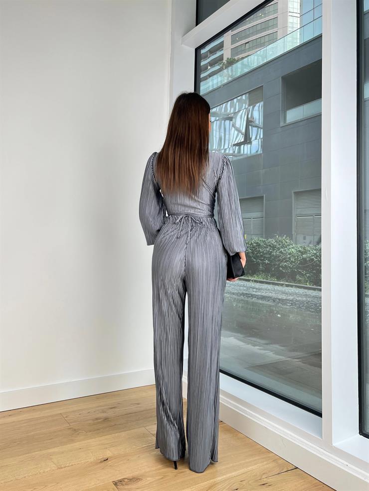 Kruvaze Yaka Belden Bağlamalı Crop Beli Lastikli Pantolon Wilson Kadın Gri Piliseli Takım 24Y118