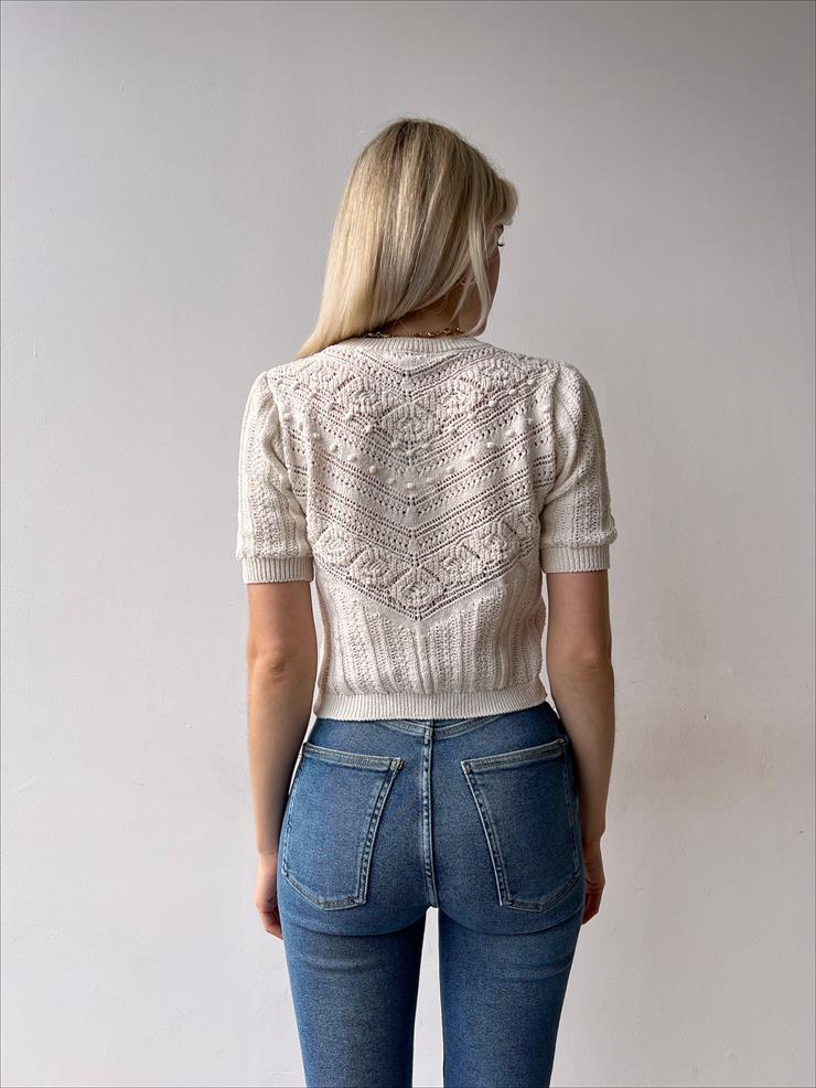 Örme Nakış Desenli Winter Kadın Ekru Kol Büzgülü Bluz 23Y000213