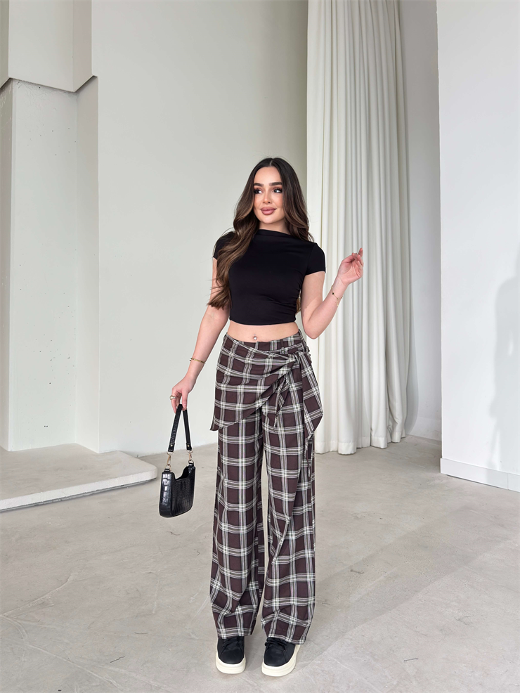 Desenli Belden Bağlamalı Wolmer Kahve Kadın Pantolon 26Y020