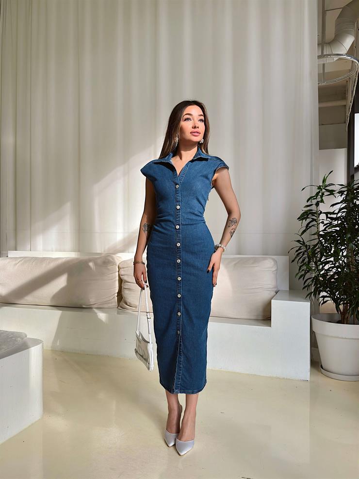 V Yaka Düğme Kapamalı Kısa Kol Wolvery İndigo Kadın Kot Elbise 25Y005