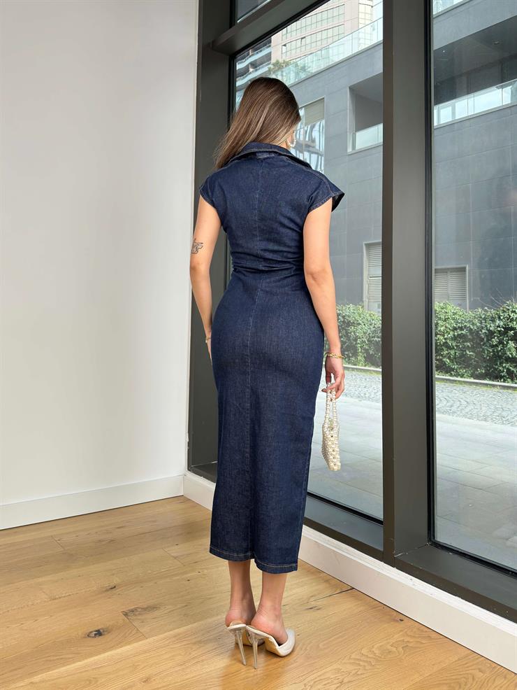 V Yaka Düğme Kapamalı Kısa Kol Wolvery Mavi Kadın Kot Elbise 25Y005