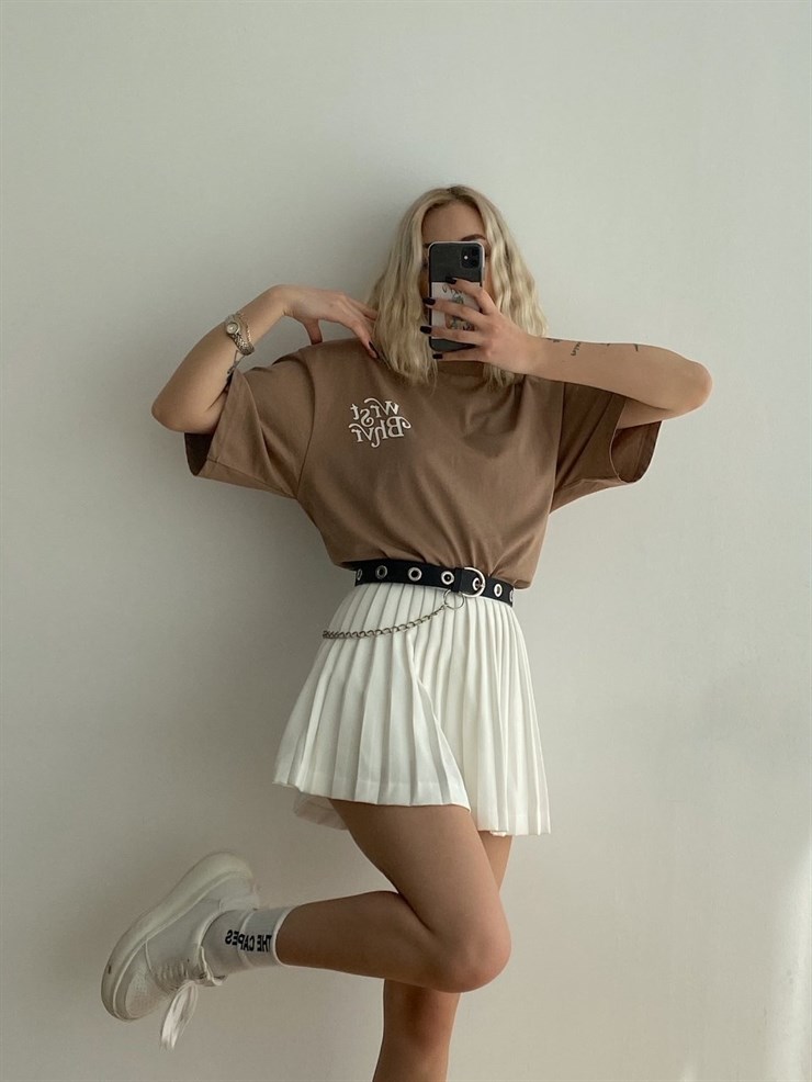 Wrst Bhvr Baskılı Oversize Kadın Kahverengi Tişört 21Y000146