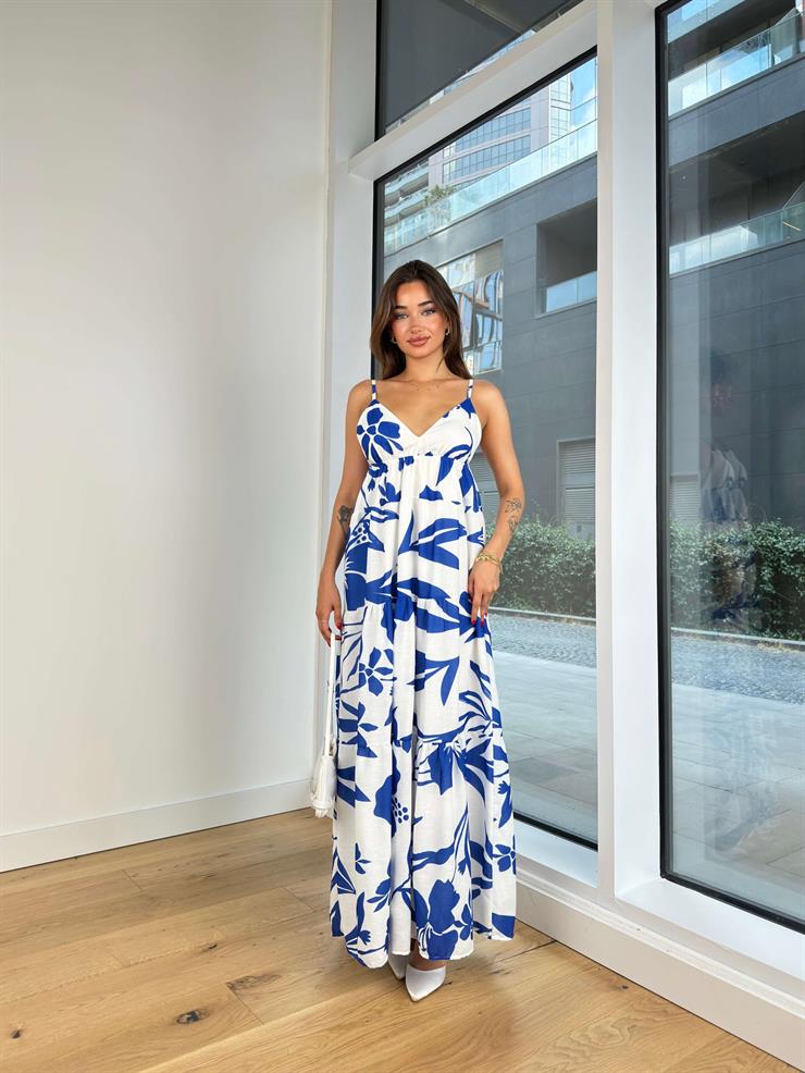 V Yaka Askılı Yabel Kadın Mavi Desenli Uzun Elbise 24Y791