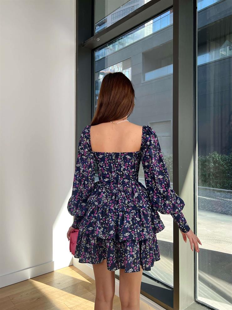 Göğsü Bağlama Detaylı Balon Kol Eteği Katlı Yadiel Kadın Lacivert Elbise 24Y058