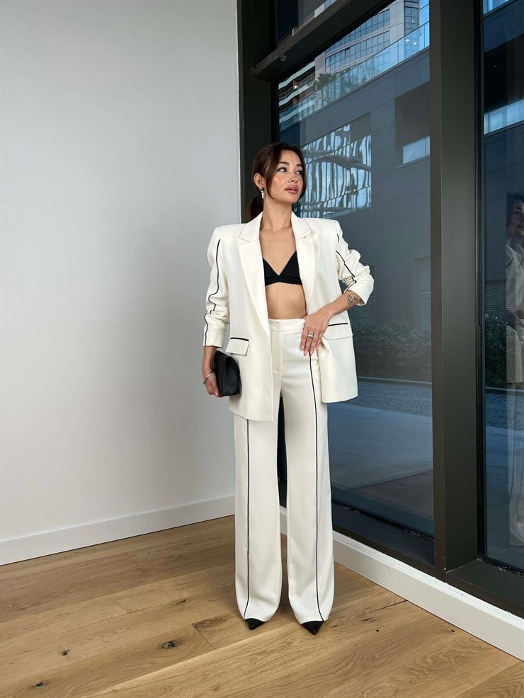 Oversize Çizgili Tek Düğme Kapamalı Yahaira Ekru Ceket 24Y063