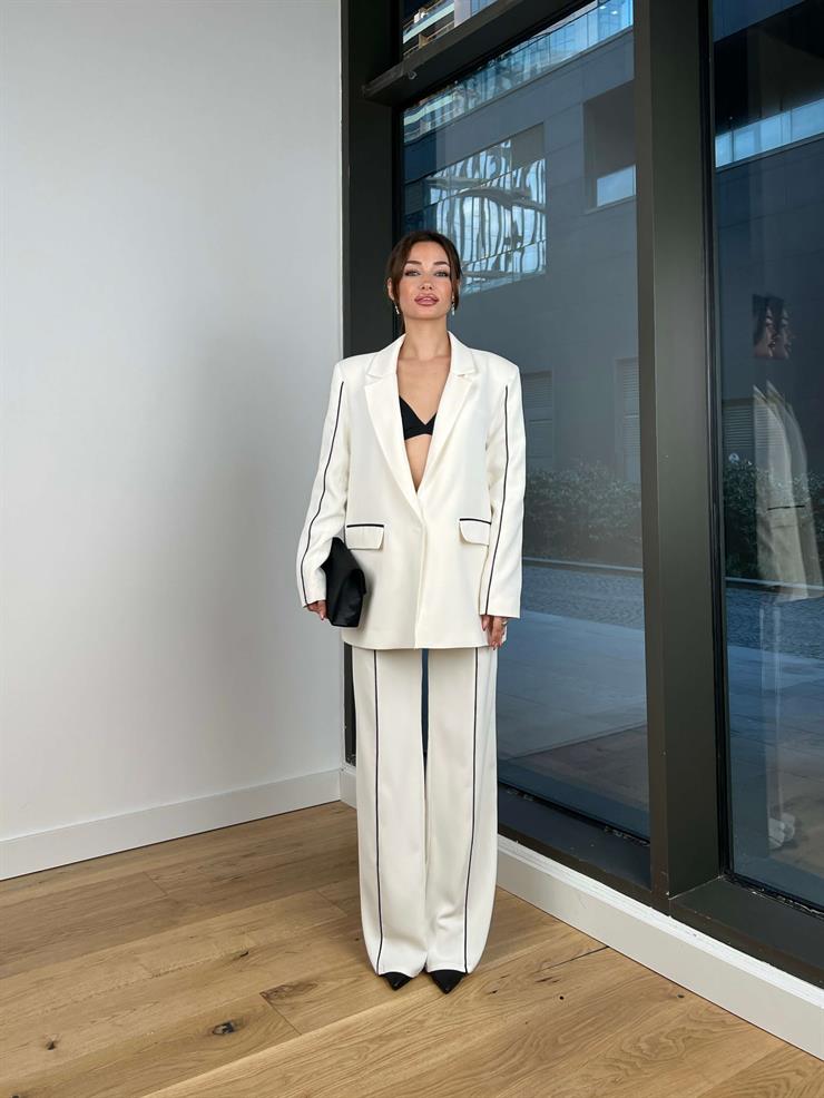 Oversize Çizgili Tek Düğme Kapamalı Yahaira Ekru Ceket 24Y063