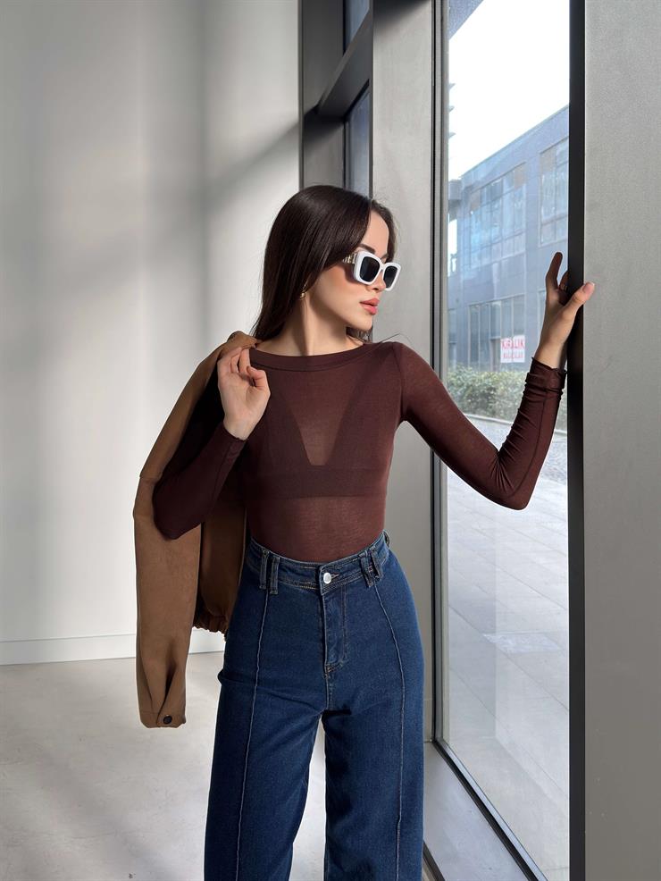 Transparan Uzun Kol Yaka Bantlı Kahve Kadın Bluz 26K383