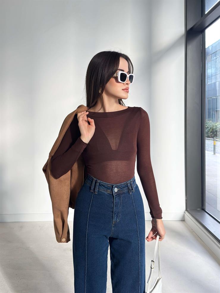 Transparan Uzun Kol Yaka Bantlı Kahve Kadın Bluz 26K383