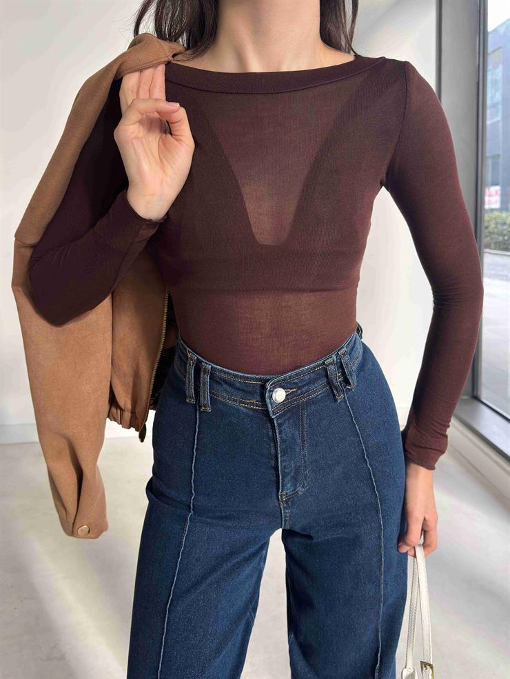 Transparan Uzun Kol Yaka Bantlı Kahve Kadın Bluz 26K383