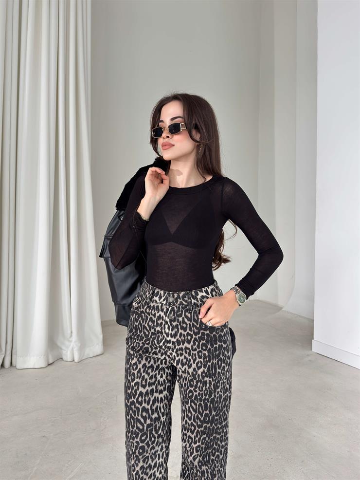 Transparan Uzun Kol Yaka Bantlı Siyah Kadın Bluz 26K383