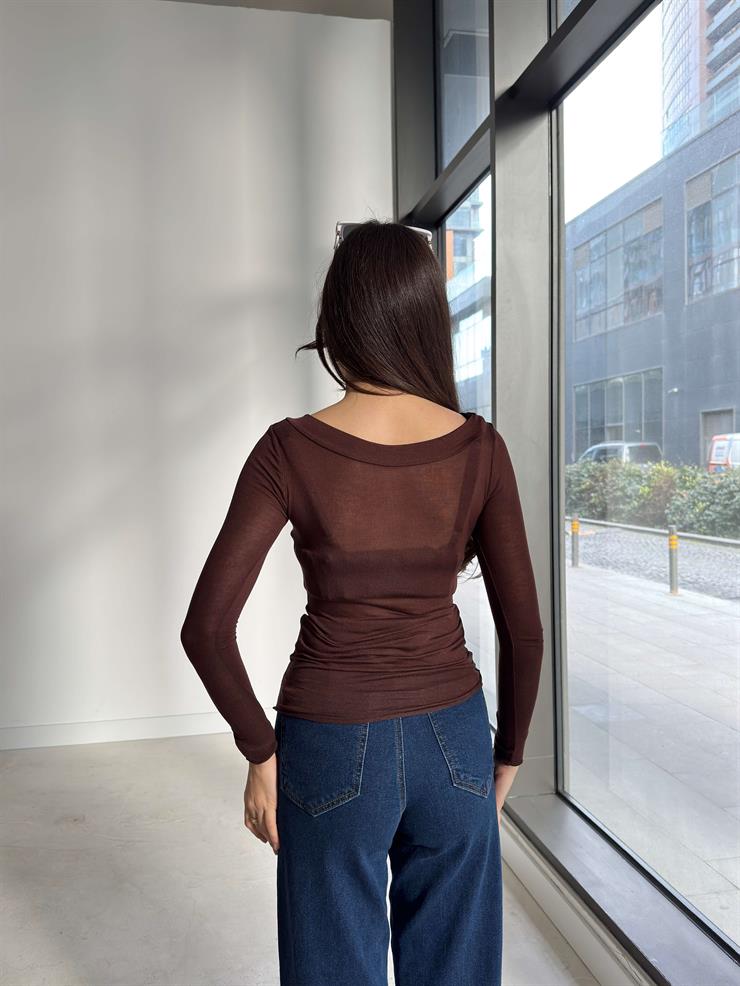 Transparan Uzun Kol Yaka Bantlı Kahve Kadın Bluz 26K383