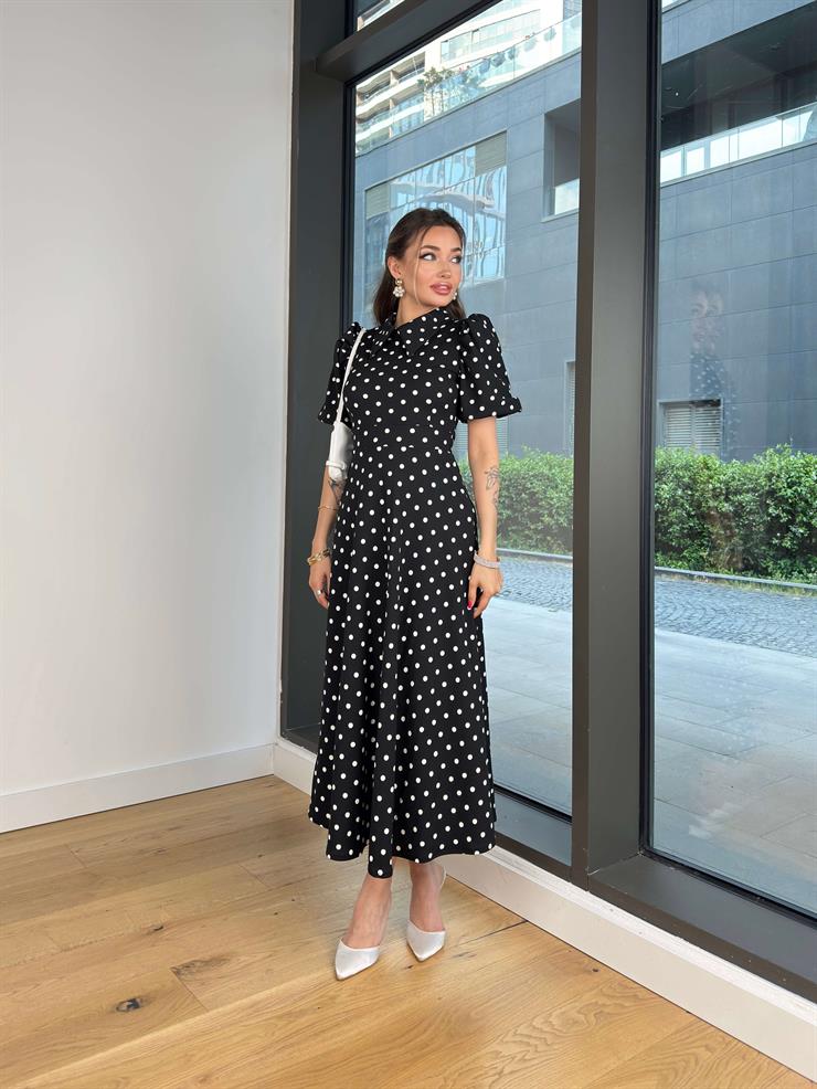 Yakalı Balon Kol Puantiyeli Sıton Siyah Kadın Elbise 25Y111