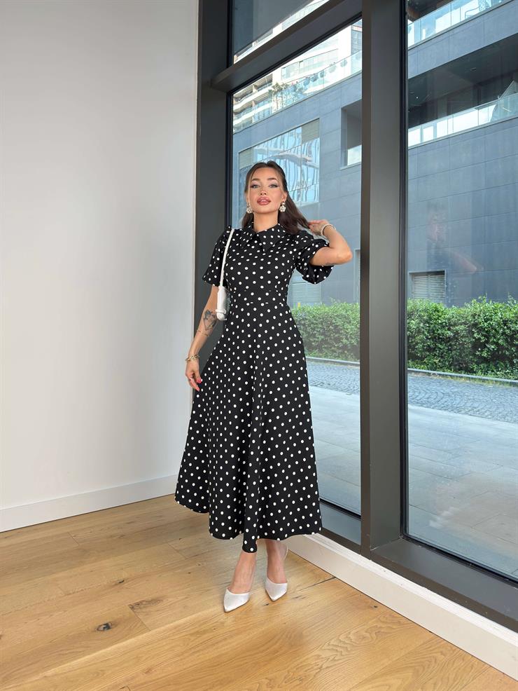 Yakalı Balon Kol Puantiyeli Sıton Siyah Kadın Elbise 25Y111