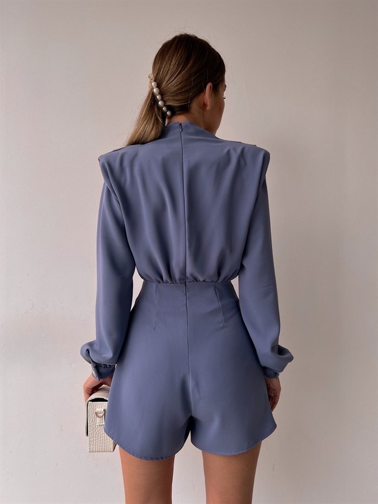 Yakası Dökümlü Eteği Kruvaze Verona Kadın İndigo Şort Tulum 22K000414