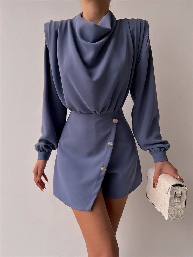 Yakası Dökümlü Eteği Kruvaze Verona Kadın İndigo Şort Tulum 22K000414