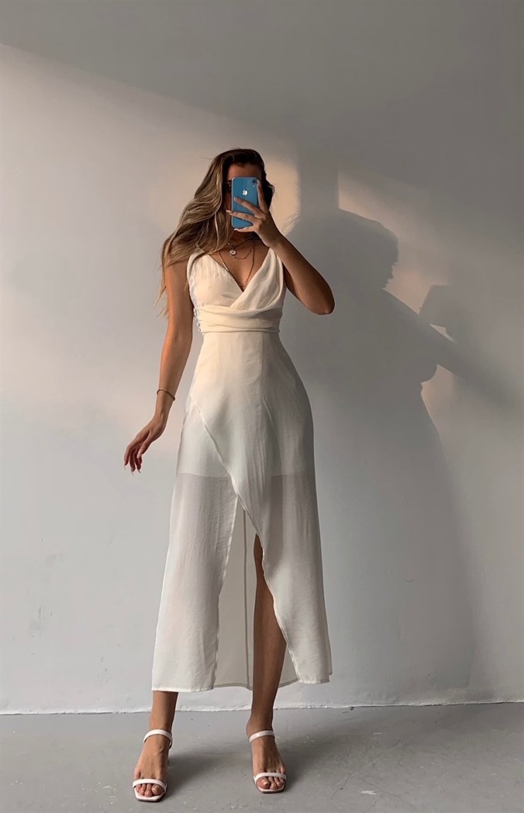 Yakası Drapeli  Eteği Kruvaze Jessa Kadın Beyaz Elbise 21Y000484