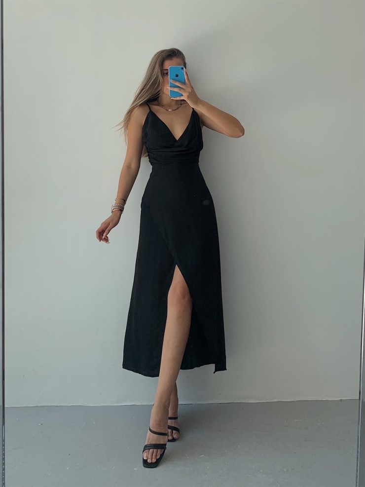 Yakası Drapeli  Eteği Kruvaze Jessa Kadın Siyah Elbise 21Y000484