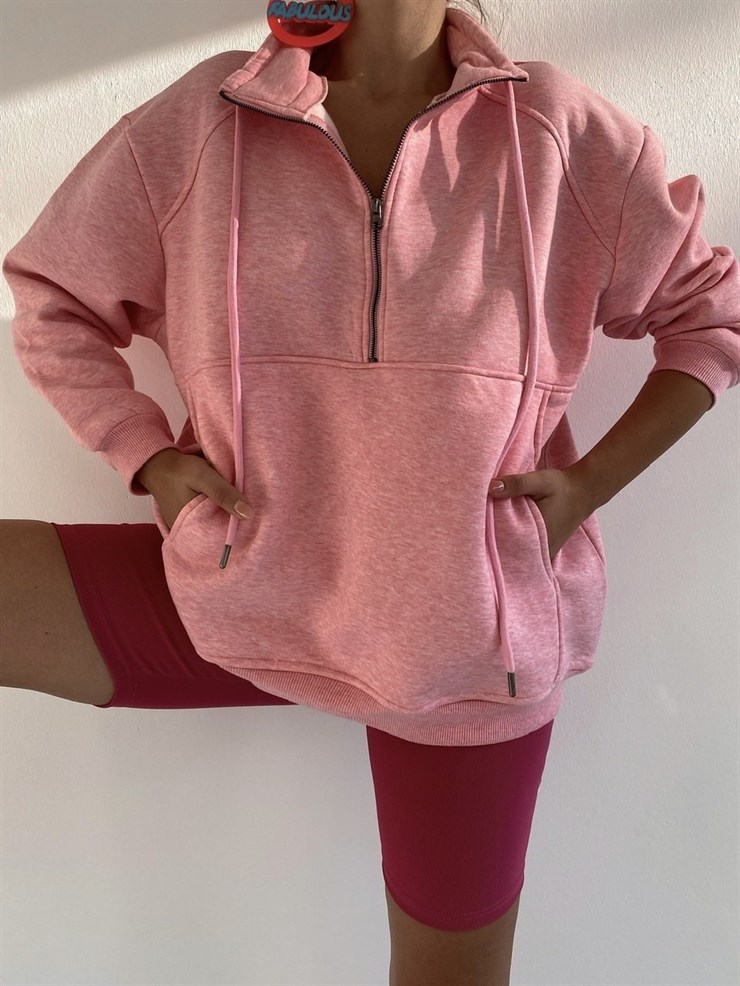 Yakası Fermuarlı Kanguru Cepli Kadın Pembe Sweat 22K000016