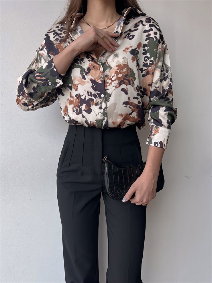 Desenli Ön Düğme Kapamalı Yake Kadın Haki Saten Gömlek 23K000383