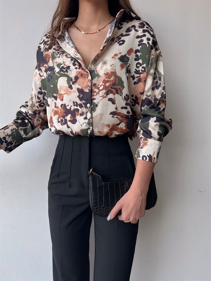 Desenli Ön Düğme Kapamalı Yake Kadın Haki Saten Gömlek 23K000383