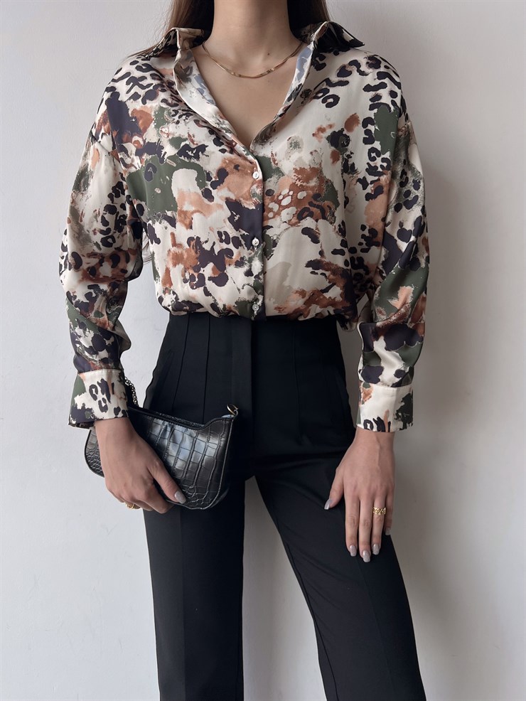 Desenli Ön Düğme Kapamalı Yake Kadın Haki Saten Gömlek 23K000383