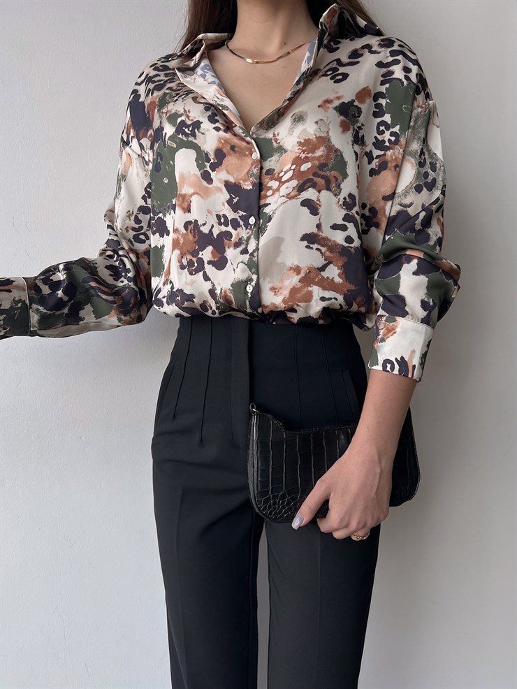 Desenli Ön Düğme Kapamalı Yake Kadın Haki Saten Gömlek 23K000383