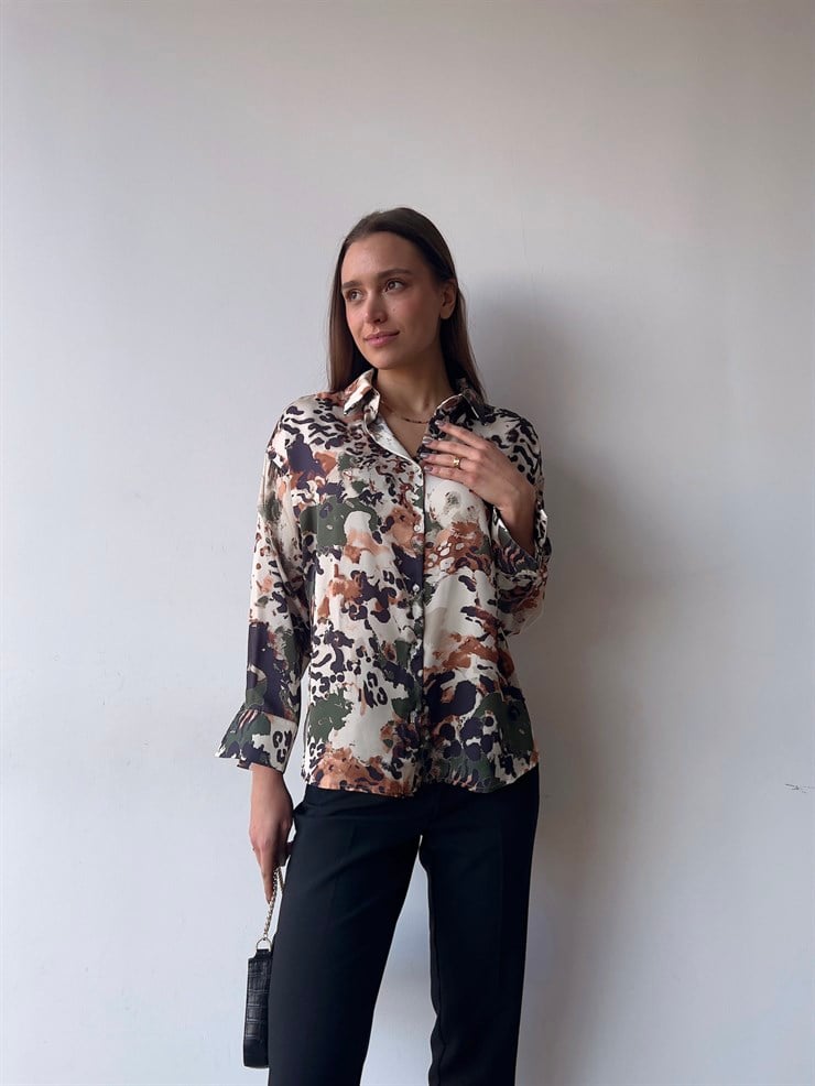 Desenli Ön Düğme Kapamalı Yake Kadın Haki Saten Gömlek 23K000383