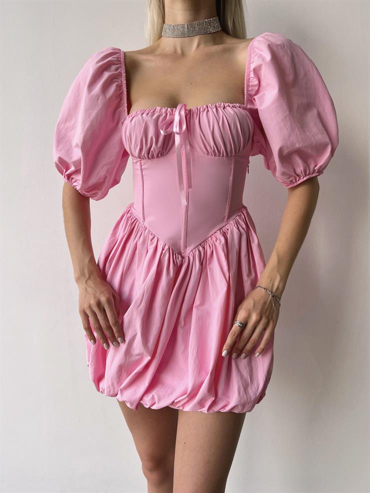 Göğüs Büzgülü Korse Görünümlü  Balon Kol Yaki Kadın Pembe Elbise 23Y000467