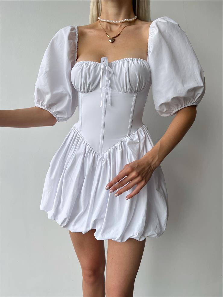 Göğüs Büzgülü Korse Görünümlü  Balon Kol Yaki Kadın Beyaz Elbise 23Y000467
