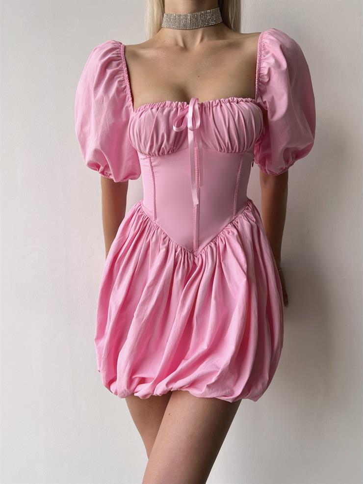 Göğüs Büzgülü Korse Görünümlü  Balon Kol Yaki Kadın Pembe Elbise 23Y000467