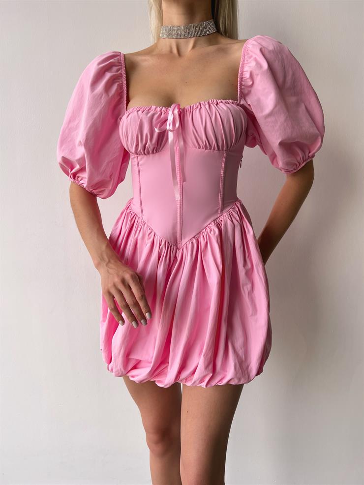 Göğüs Büzgülü Korse Görünümlü  Balon Kol Yaki Kadın Pembe Elbise 23Y000467